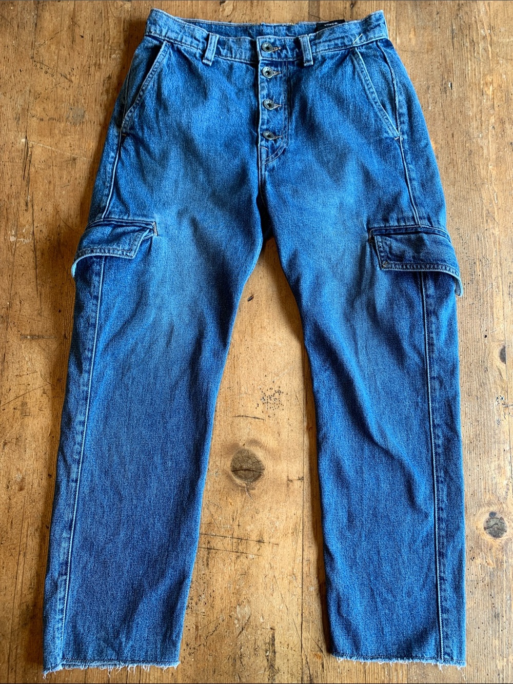 Vince Blue Denim Cargo Pants with Button Fly